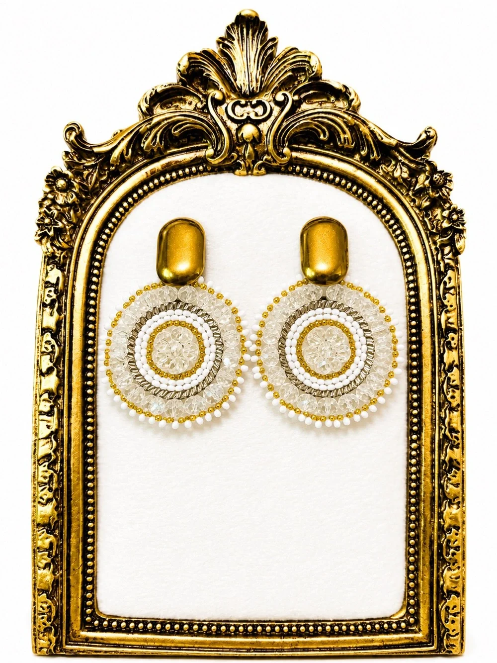 Handmade Gold and White Beaded Circular Drop Earrings